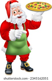 A Christmas Santa Claus father Christmas cartoon food chef holding a silver platter tray with a pizza