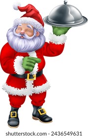 A Christmas Santa Claus father Christmas cartoon food chef holding a silver cloche platter tray