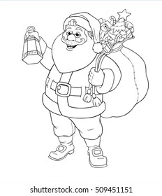 Christmas. Santa Claus with a flashlight and a bag of gifts. Vector illustration.