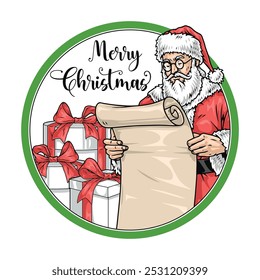 Christmas Santa Claus flyer colorful Father Frost holding list gifts from children and standing near pile of presents vector illustration