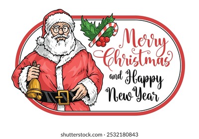 Christmas Santa Claus flyer colorful greetings from Father Frost from Father Frost and holly berries near candy cane vector illustration