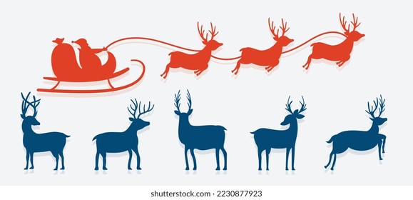 christmas santa claus flying on sleigh with reindeer design in set 