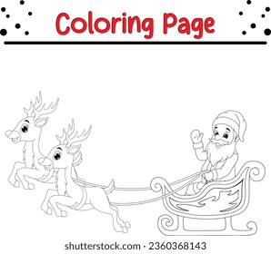 Christmas Santa Claus flying in sleigh with gifts and reindeer. Merry Christmas Vector illustration coloring book.