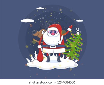 Christmas Santa Claus with friends deers and a hare in a decorated Christmas tree vector illustration with a blue background in a simple style