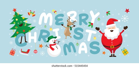 Christmas, Santa Claus and Friends with Lettering, Snowman, Reindeer, Pine Tree. Happy New Year