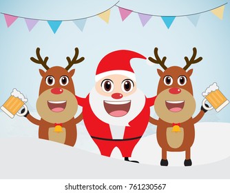 Christmas, Santa Claus with Friends, Reindeer, Pine Tree. Happy New Year