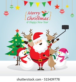 Christmas, Santa Claus and Friends Selfie, Snowman, Snowgirl, Reindeer, Pine Tree. Happy New Year