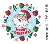 Christmas Santa claus fun Vintage Isolated Pattern with Snowlakes ,Chistmas Tree ,Gifts and Merry Christmas Text, Christmas Gifts. Blue Background-Christmas Vector Illustration