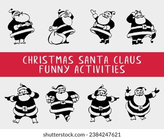 Christmas Santa Claus Funny Activities Set Line Art Silhouette 