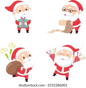 Christmas Santa Claus. Funny cartoon characters with  and New Year's objects. Vector.
