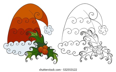 Christmas Santa Claus furry hat with mistletoe set. Abstract vector isolated illustration. Hand-drawn collection. Black and multicolored objects. Adult coloring book. Eps 8.