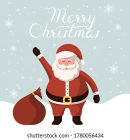 Christmas Santa Claus with gift, bag with presents. Vector isolated illustration for xmas cards, banners and labels.