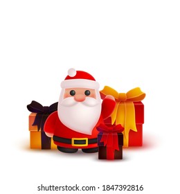 Christmas Santa Claus and gold, yellow, red, black gifts box with bow and ribbon, look like 3d rendering. Happy New Year illustration for postcard, banner, decor, design, arts on white background.