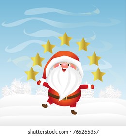 Christmas Santa Claus with golden stars. Winter morning. Cute vector character.