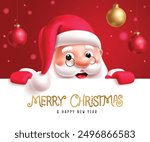 Christmas santa claus greeting card vector template design. Merry christmas and happy new year greeting with santa claus cute characters holding white board for xmas invitation template. Vector 