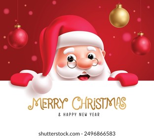 Christmas santa claus greeting card vector template design. Merry christmas and happy new year greeting with santa claus cute characters holding white board for xmas invitation template. Vector 