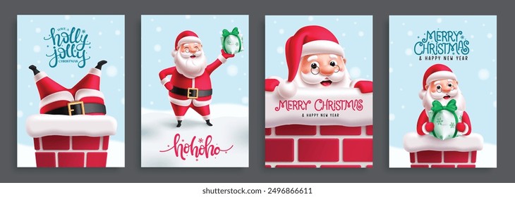 Christmas santa claus greeting card vector design. Merry christmas greeting cards with santa claus characters in chimney and snow winter template. Vector illustration gift tags collection. 
