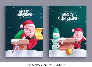 Christmas santa claus greeting card vector poster design. Merry christmas greeting text with santa claus and snowman holding gift sack and wish list  in chimney snow background. Vector illustration 