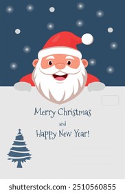 Christmas Santa Claus greeting card vector template design. Merry Christmas and Happy New Year greeting with cute Santa Claus characters holding white envelope for Christmas invitation template.Vector