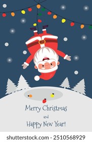 Christmas Santa Claus greeting card vector template design. Merry Christmas and New Year greetings with cute Santa Claus characters, grandfather entangled on a garland, snowflakes, spruce, Vector