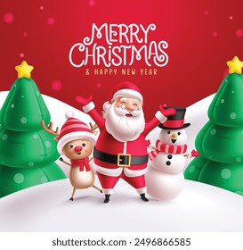 Christmas santa claus greeting vector design. Merry christmas and happy new year greeting text with santa, reindeer and snowman characters in pine tree snow winter background. Vector illustration 