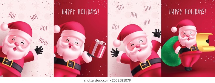 Christmas santa claus greetings card vector set design. Santa claus character in singing, waving, holding gift box and wish list holidays gift card collection. Vector illustration character gift cards