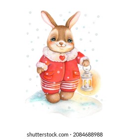 Christmas santa claus hand drawing vector illustration. Fabulous Christmas bunny with a flashlight under the snow. For the design of postcards, children's books, etc.