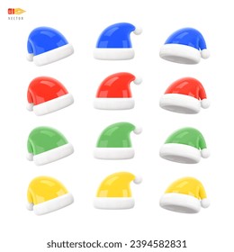 Christmas Santa Claus Hat of different colours Big Set. Christmas element of traditional costume. Realistic 3d mocup design element in cartoon style. Icons isolated on white. 3D Vector illustration