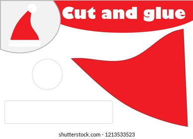 Christmas santa claus hat, education game for the development of preschool children, use scissors and glue to create the applique, cut parts of the image and glue on the paper, vector illustration