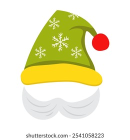 Christmas Santa Claus hat in flat design. Cap with snowflakes and moustache. Vector illustration isolated.