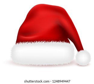 Christmas Santa Claus Hat with Fur Isolated on white background. New Year red Winter Cap. Vector illustration.	