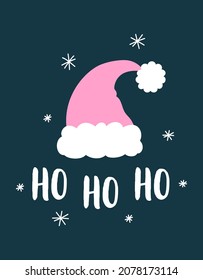 christmas santa claus hat isolated on dark background, winter pink hat and lettering ho ho ho, greeting card