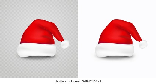 Christmas Santa Claus hat isolated on transparent and white  backgrounds. New Year red cap for video chat effects. Vector xmas selfie filter character