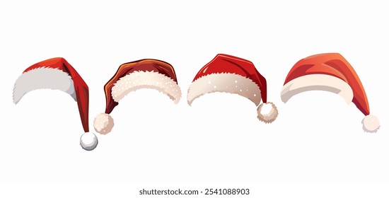 Navidades sombrero de Santa Claus. Sombrero rojo del año Nuevo aislado en el fondo blanco. Un juego de gorra de Año Nuevo.  Gorra de invierno del año Nuevo. Sombrero de Papá Noel con piel y pompón. Ilustración vectorial