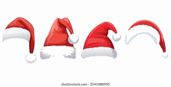 Navidades sombrero de Santa Claus. Sombrero rojo del año Nuevo aislado en el fondo blanco. Un juego de gorra de Año Nuevo.  Gorra de invierno del año Nuevo. Sombrero de Papá Noel con piel y pompón. Ilustración vectorial