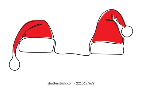 Christmas, Santa Claus hat one line drawing, vector illustration