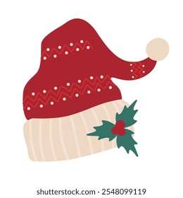 Christmas Santa Claus hat with pattern and mistletoe, cozy winter holiday decoration, graphic sticker. Vector illustration.