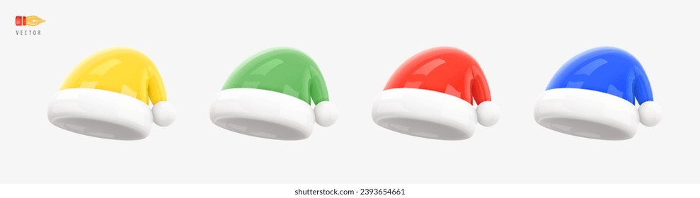 Christmas Santa Claus Hat Set of different colours. Christmas element of traditional costume. Realistic 3d mocup design element in cartoon style. Icons isolated on white. 3D Vector illustration
