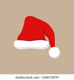 Christmas Santa Claus hat vector illustration icon. Festive, seasonal, holiday, celebration, party hat with pompom, bobble. Isolated on beige background.