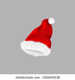 Christmas Santa Claus hat vector illustration isolated on grey background. Red silky fabric cap with fluffy white fur falling in air, New Year holiday season clothing accessory.