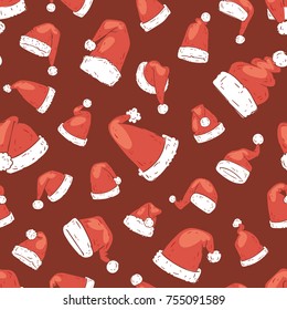 Christmas Santa Claus hat vector noel isolated illustration New Year Christians Xmas party design decoration hats. Red color Santa Claus hat seamless pattern background