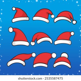 Christmas santa claus hats. Collection of festive red caps for congratulations, invitation cards, web, printing, banner design in a flat style. Christmas stickers