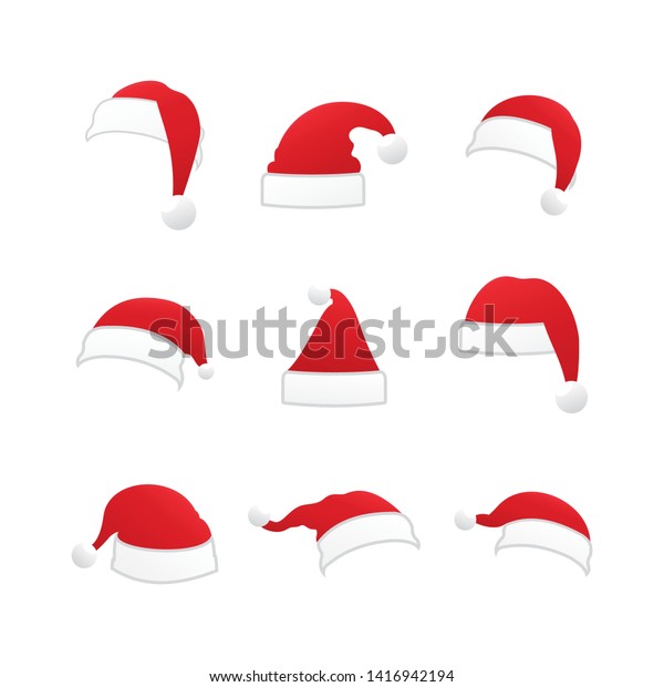 白い背景にクリスマスサンタクロースの帽子コレクション ベクターサンタクロース帽子セット ホリデーキャップからクリスマスイラスト のベクター画像素材 ロイヤリティフリー 1416942194