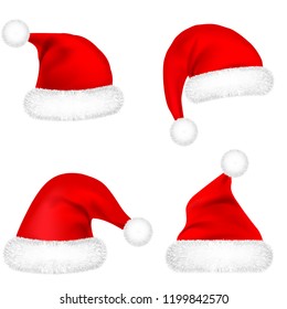 Christmas Santa Claus Hats With Fur Set. New Year Red Hat Isolated on White Background. Winter Cap. Vector illustration.