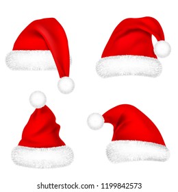 Christmas Santa Claus Hats With Fur Set. New Year Red Hat Isolated on White Background. Winter Cap. Vector illustration.