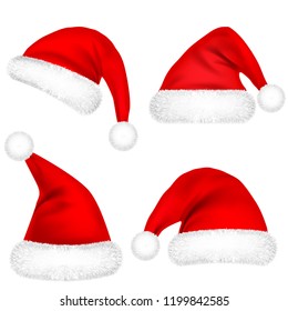 Christmas Santa Claus Hats With Fur Set. New Year Red Hat Isolated on White Background. Winter Cap. Vector illustration.