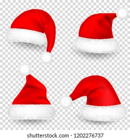 Christmas Santa Claus Hats With Fur and Shadow Set. New Year Red Hat Isolated on Transparent Background. Winter Cap. Vector illustration.