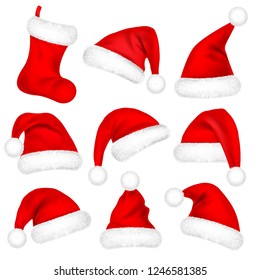 Christmas Santa Claus Hats With Fur Set, Sock. New Year Red Hat Isolated on White Background. Winter Cap. Vector illustration.