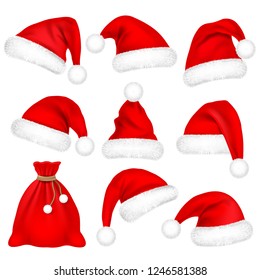 Christmas Santa Claus Hats With Fur Set, Bag, Sack. New Year Red Hat Isolated on White Background. Winter Cap. Vector illustration.