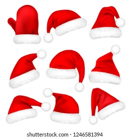 Christmas Santa Claus Hats With Fur Set, Mitten. New Year Red Hat Isolated on White Background. Winter Cap. Vector illustration.